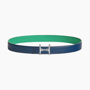 HELENE MORS H REVERSIBLE LEATHER BELT — BLUE & GREEN (SILVER HARDWARE, 24MM)