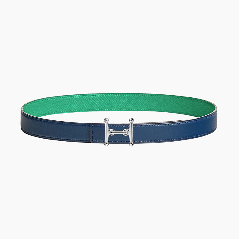 HELENE MORS H REVERSIBLE LEATHER BELT — BLUE & GREEN (SILVER HARDWARE, 24MM)