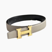 HELENE H REVERSIBLE LEATHER BELT — BEIGE & BLACK (GOLD HARDWARE, 32MM)