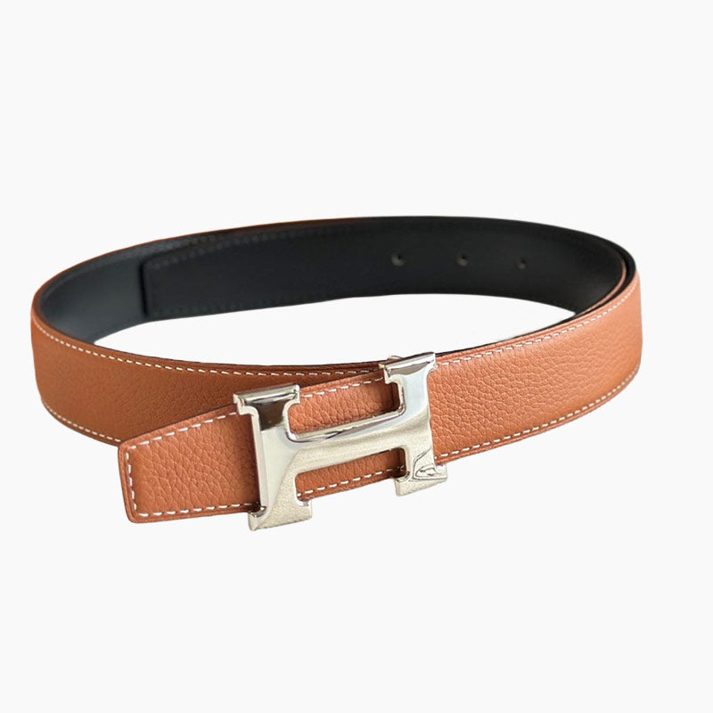 HELENE H REVERSIBLE LEATHER BELT — BROWN & BLACK (SILVER HARDWARE, 32MM)