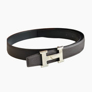 HELENE H REVERSIBLE LEATHER BELT — BLACK & EBONY (SILVER HARDWARE, 32MM)