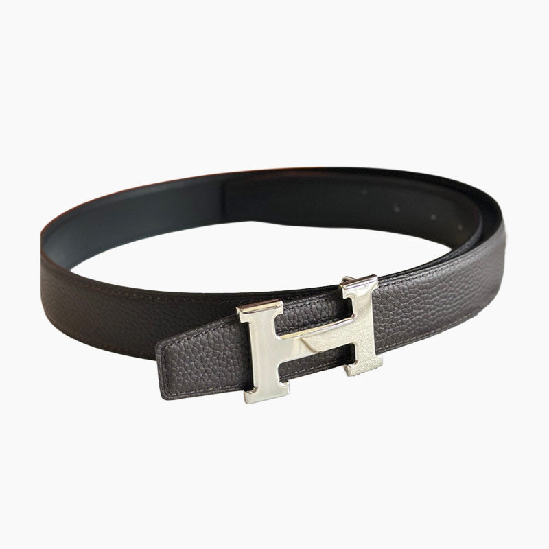 HELENE H REVERSIBLE LEATHER BELT — BLACK & EBONY (SILVER HARDWARE, 32MM)