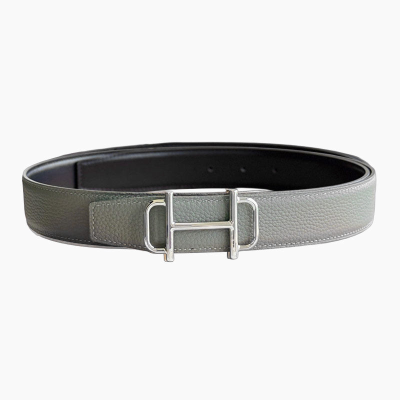 HELENE ROYAL LEATHER BELT — GRAY & BROWN (SILVER HARDWARE, 32MM)