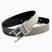 HELENE QUENTIN REVERSIBLE LEATHER BELT — BLACK & BEIGE (SILVER HARDWARE, 32MM)