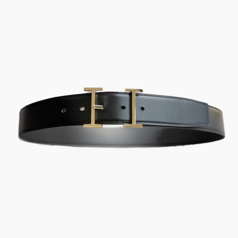 HELENE HADRIEN REVERSIBLE LEATHER BELT — BLACK & CHOCOLATE (GOLD HARDWARE, 38MM)