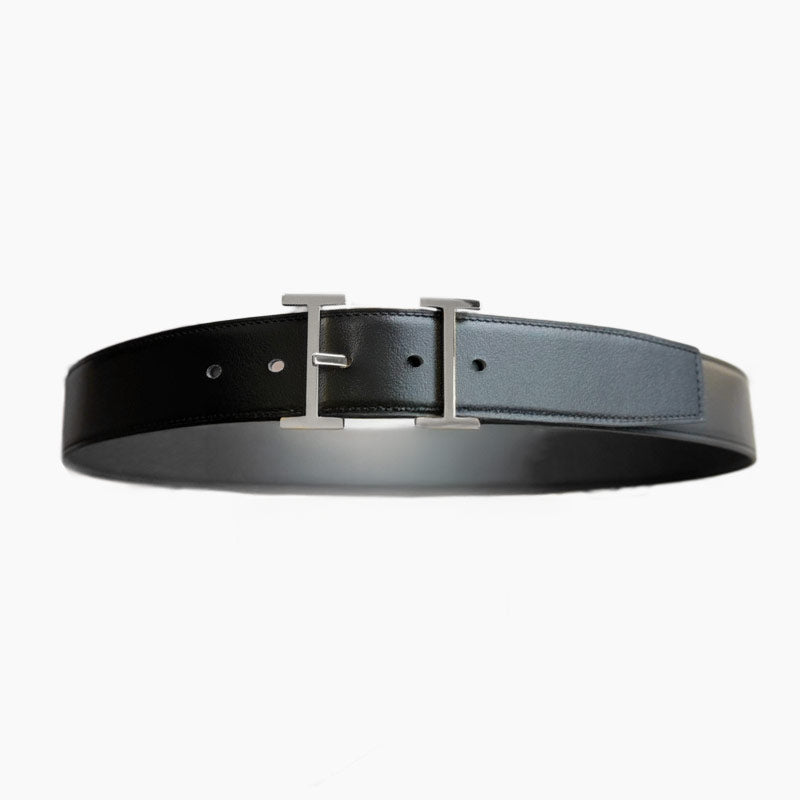 HELENE HADRIEN REVERSIBLE LEATHER BELT — BLACK & CHOCOLATE (SILVER HARDWARE, 38MM)