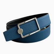 HELENE OSCAR LEATHER BELT — PRUSSIAN BLUE (SILVER HARDWARE, 38MM)
