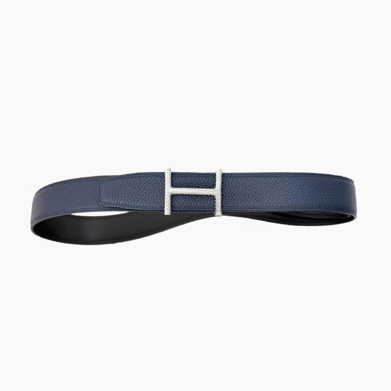HELENE HISSEO REVERSIBLE LEATHER BELT — NAVY BLUE (SILVER HARDWARE, 32MM)