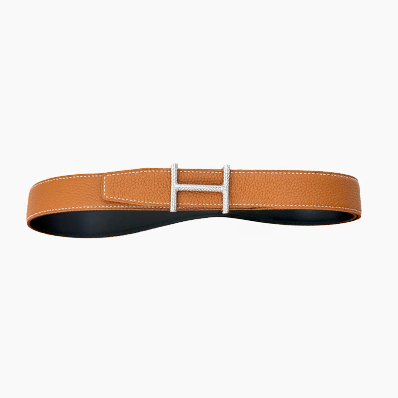 HELENE HISSEO REVERSIBLE LEATHER BELT — BROWN (SILVER HARDWARE, 32MM)