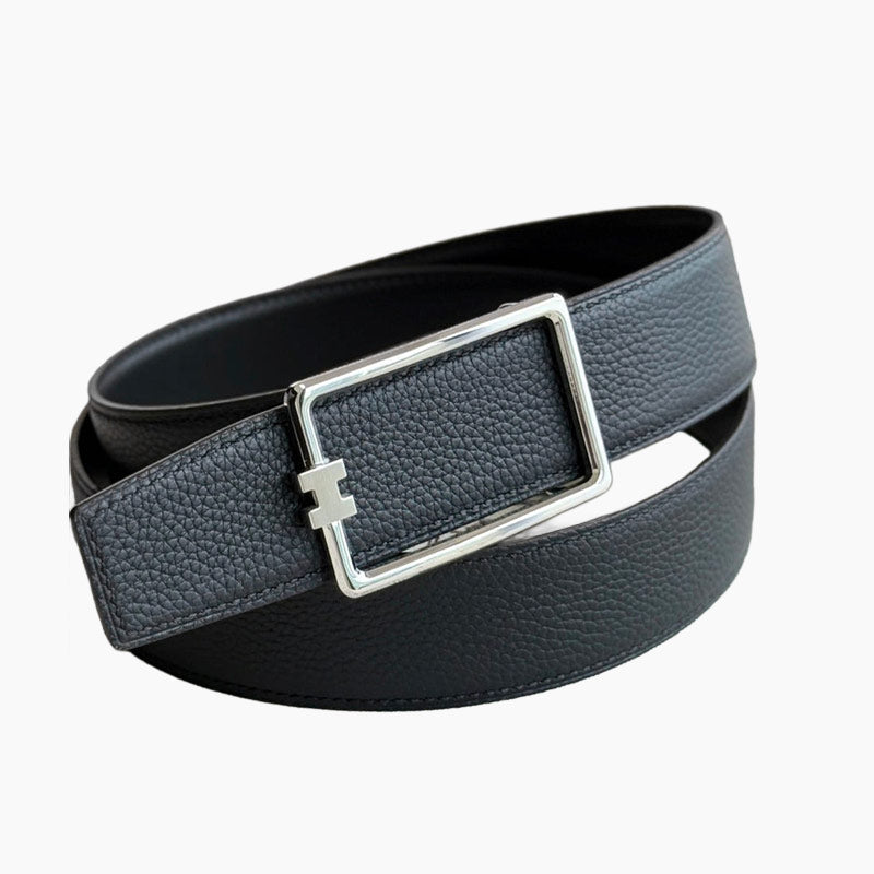 HELENE TUBE H LEATHER BELT — BLACK (SILVER HARDWARE, 38MM)