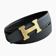 HELENE H GUILLOCHÉ LEATHER BELT — BLACK (GOLD HARDWARE, 32MM)