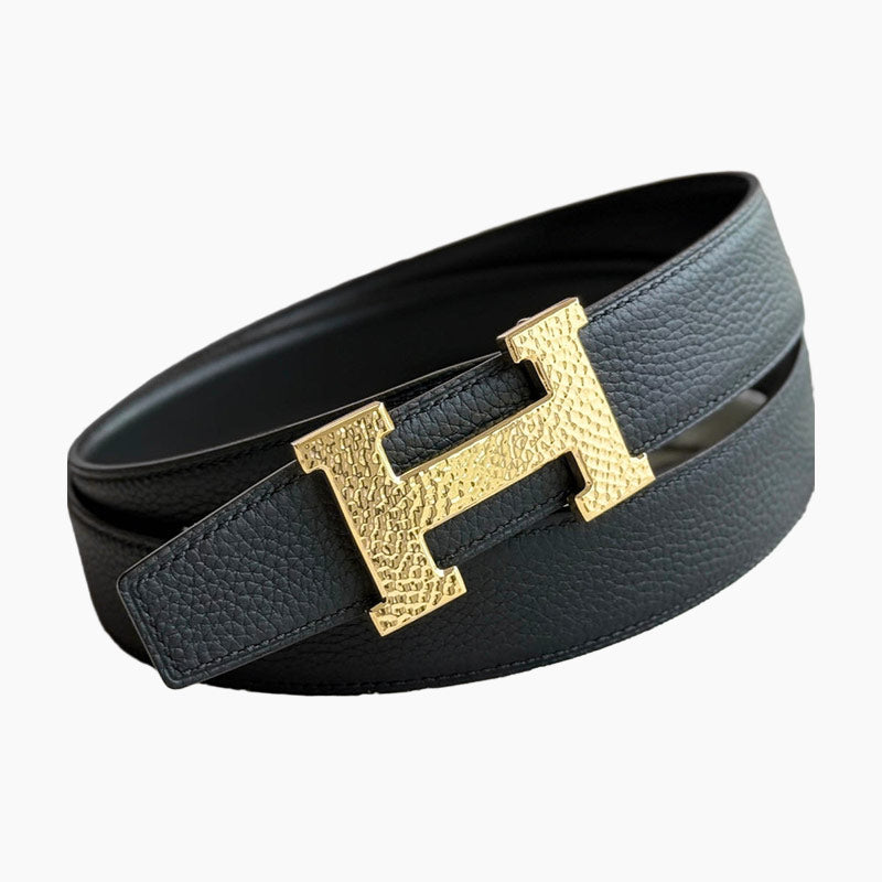 HELENE H GUILLOCHÉ LEATHER BELT — BLACK (GOLD HARDWARE, 32MM)