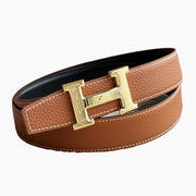 HELENE H FAUBOURG LEATHER BELT — BROWN (GOLD HARDWARE, 32MM)