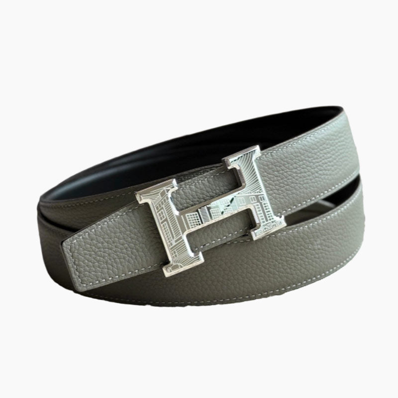 HELENE H GUILLOCHÉ LEATHER BELT — GRAY GREEN (SILVER HARDWARE, 32MM)