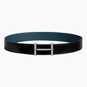 HELENE H D’ANCRE REVERSIBLE LEATHER BELT — PRUSSIAN BLUE & BLACK (SILVER HARDWARE, 38MM)